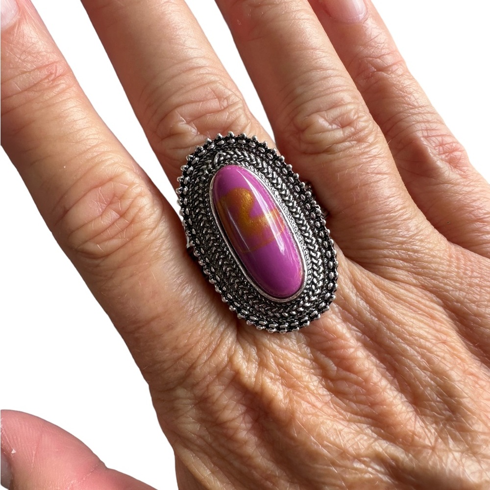 Plum and Mustard Yellow Oblong Oversized Silver Ring